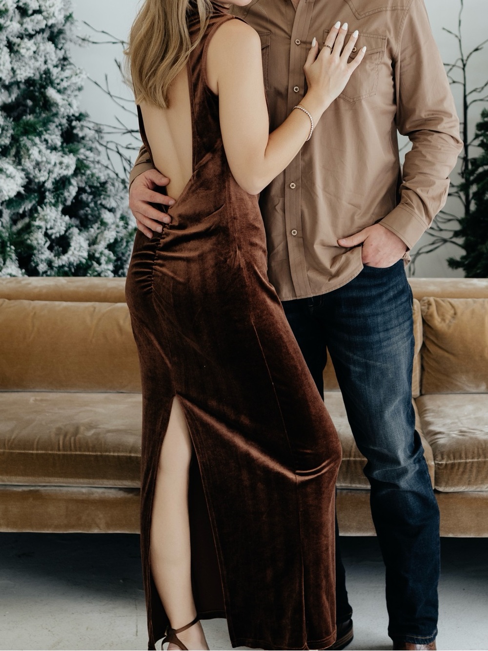Sleeveless Brown Velvet Maxi Dress with Open Back